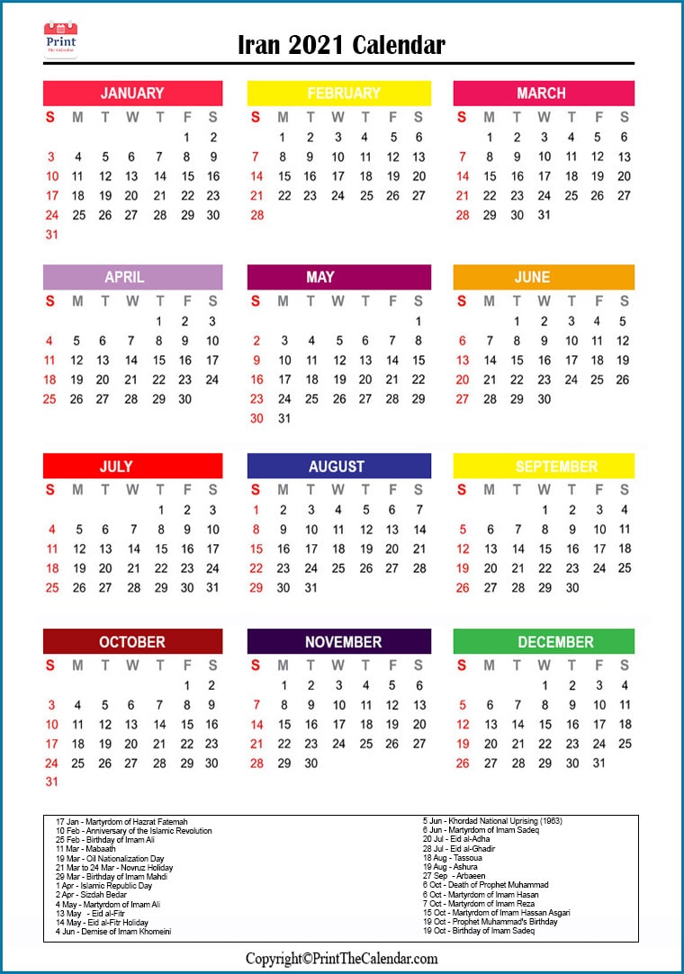 Iran Printable Calendar 2021